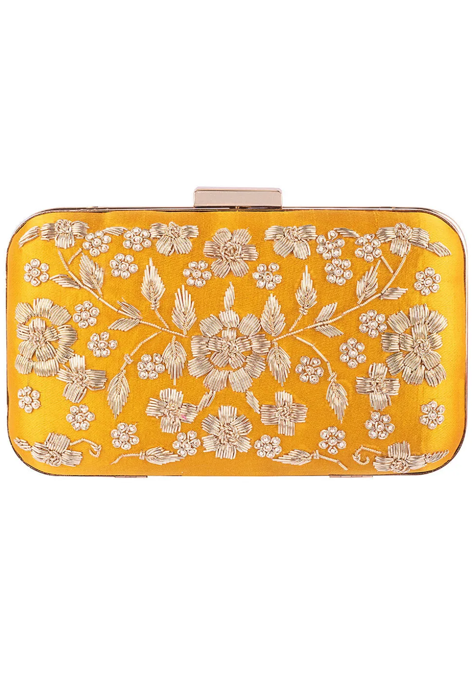 Hand Embroidered Art Silk Clutch Bag in Yellow