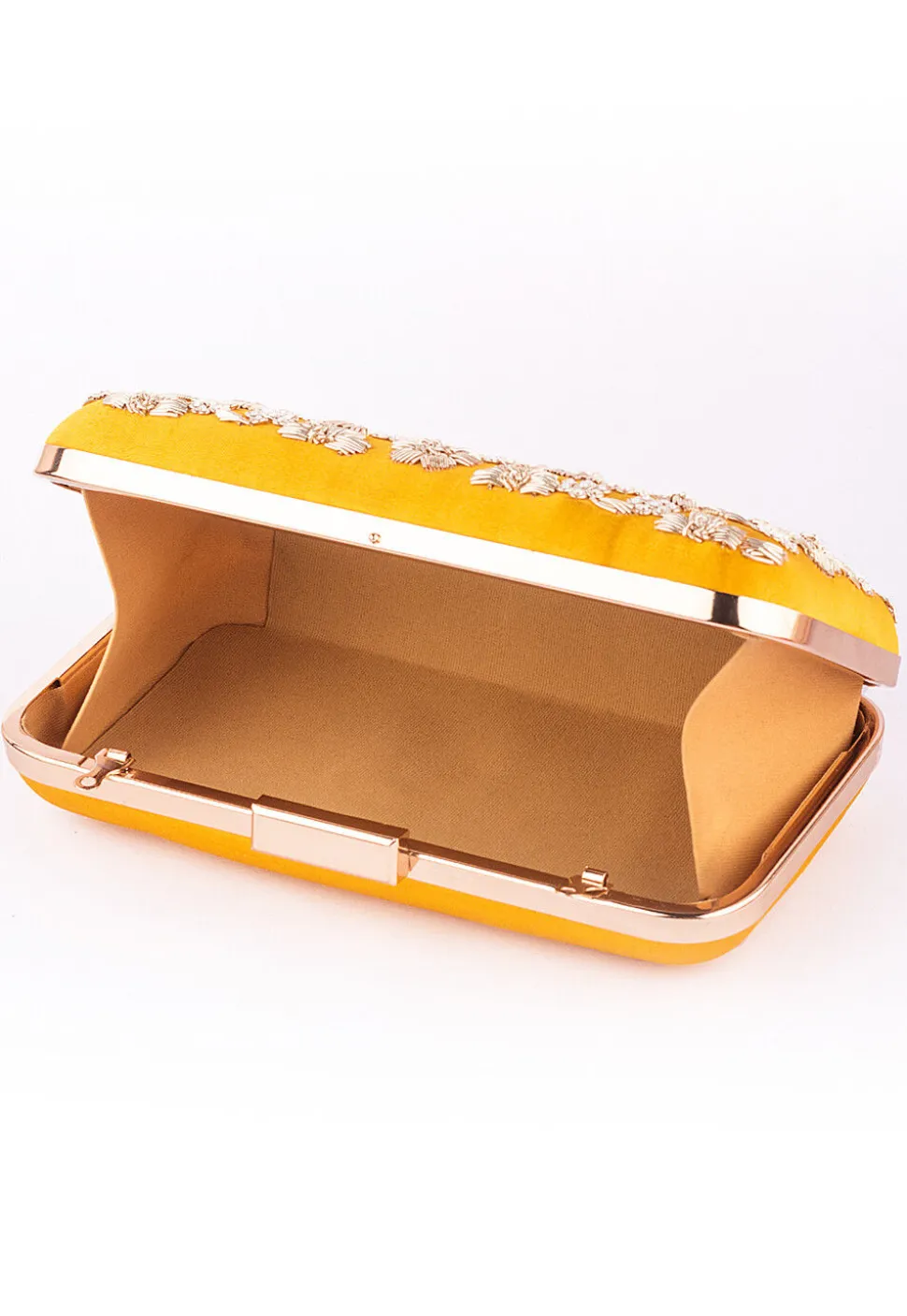 Hand Embroidered Art Silk Clutch Bag in Yellow