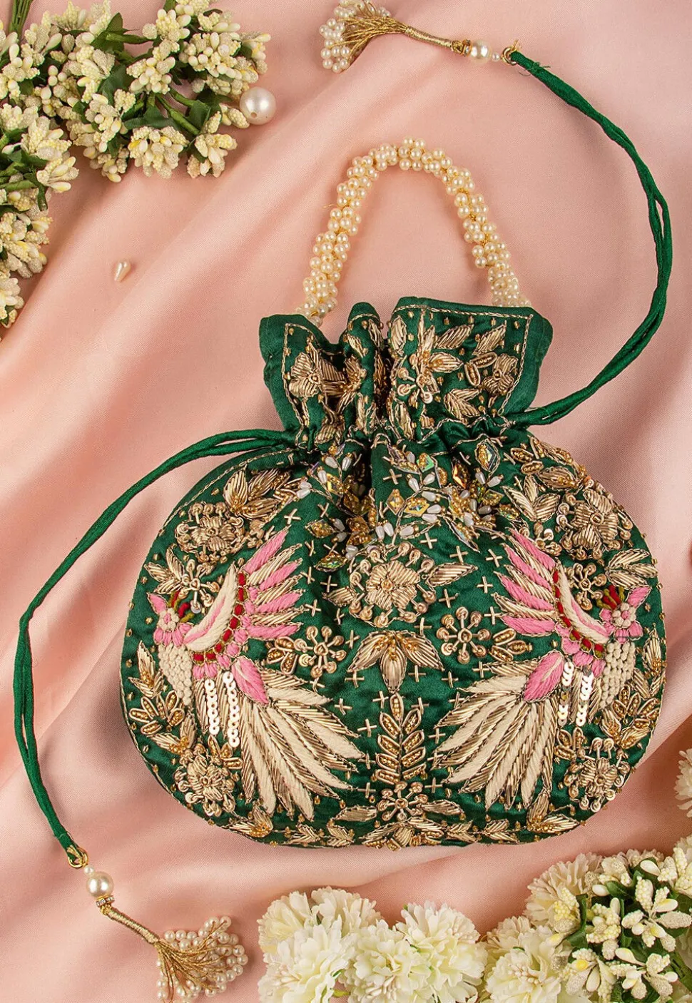 Hand Embroidered Art Silk Potli Bag in Dark Green