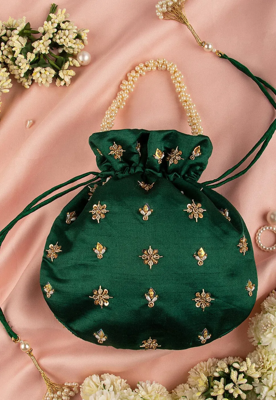 Hand Embroidered Art Silk Potli Bag in Dark Green