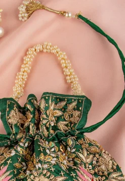 Hand Embroidered Art Silk Potli Bag in Dark Green