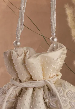 Hand Embroidered Art Silk Potli Bag in Off White