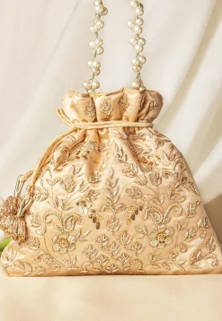 Hand Embroidered Art Silk Potli Bag in Beige