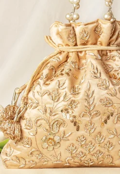 Hand Embroidered Art Silk Potli Bag in Beige