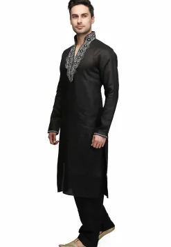 Hand Embroidered Art Silk Kurta in Black