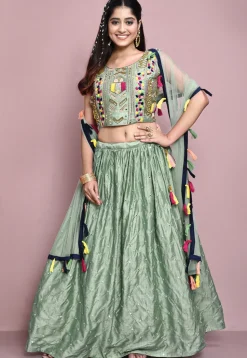 Hand Embroidered Art Silk Lehenga in Dusty Green