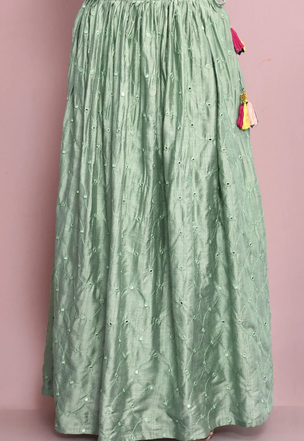 Hand Embroidered Art Silk Lehenga in Dusty Green