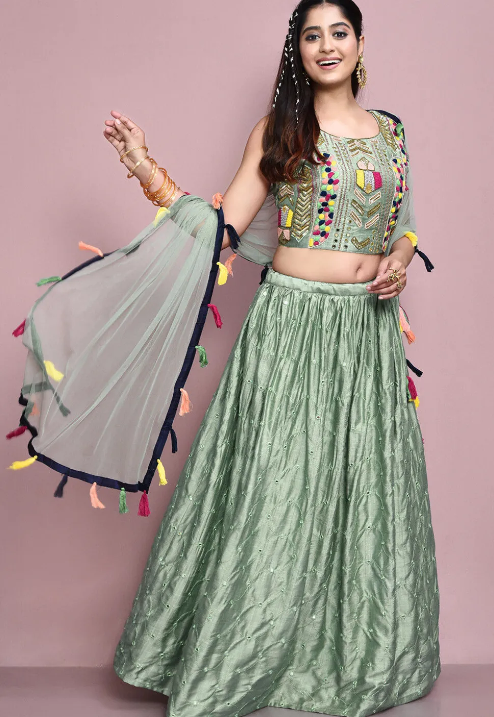 Hand Embroidered Art Silk Lehenga in Dusty Green
