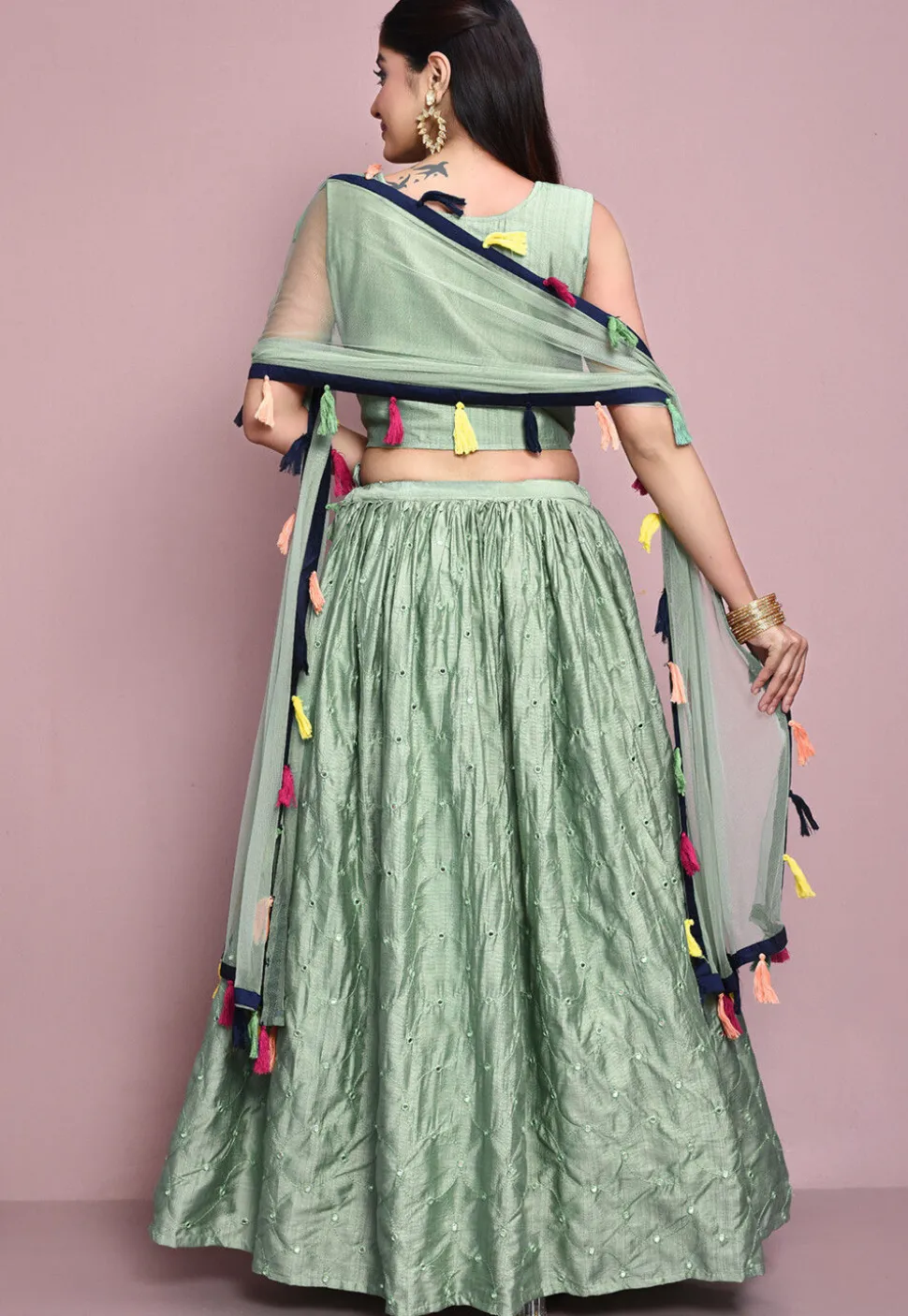 Hand Embroidered Art Silk Lehenga in Dusty Green