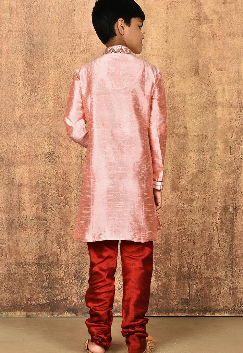 Hand Embroidered Art Silk Kurta in Peach