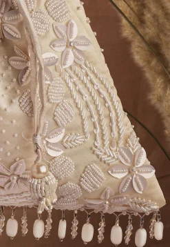 Hand Embroidered Art Silk Potli Bag in Cream