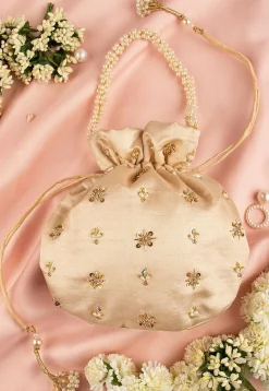 Hand Embroidered Art Silk Potli Bag in Beige
