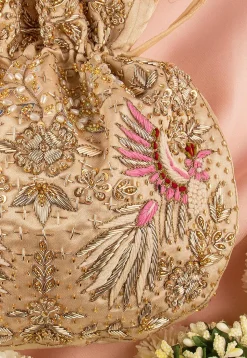 Hand Embroidered Art Silk Potli Bag in Beige