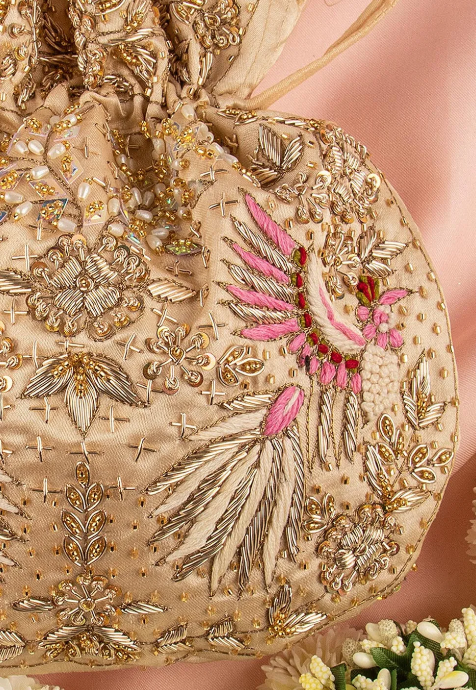 Hand Embroidered Art Silk Potli Bag in Beige
