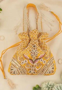 Hand Embroidered Art Silk Potli Bag in Mustard