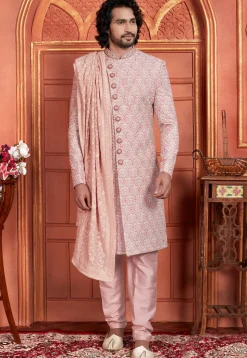 Hand Embroidered Art Silk Sherwani in Pink