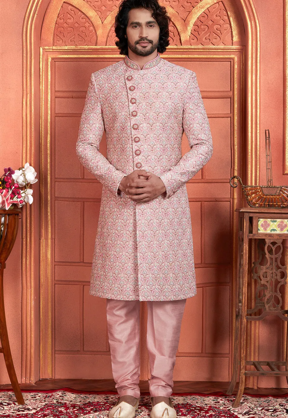 Hand Embroidered Art Silk Sherwani in Pink
