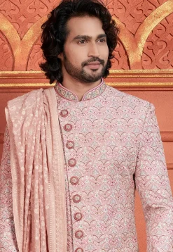 Hand Embroidered Art Silk Sherwani in Pink