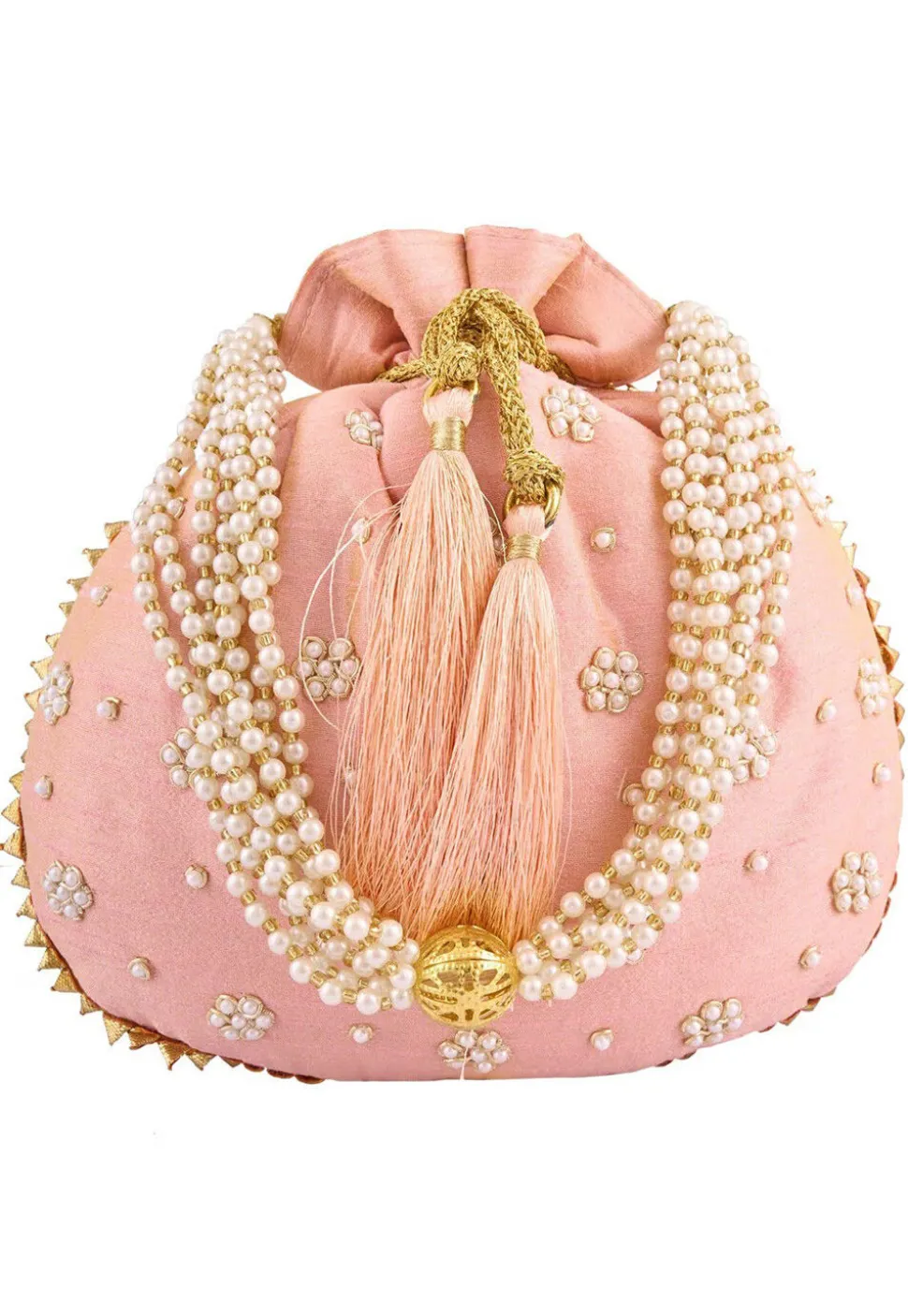 Hand Embroidered Art Silk Potli Bag in Peach