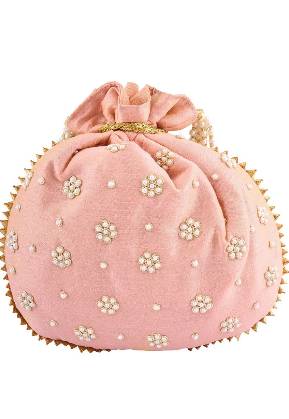 Hand Embroidered Art Silk Potli Bag in Peach
