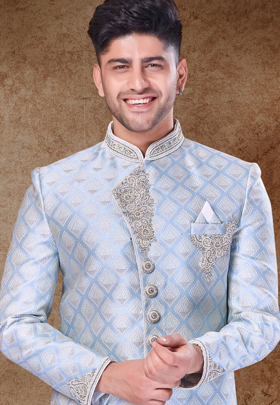 Hand Embroidered Art Silk Jacquard Sherwani in Sky Blue