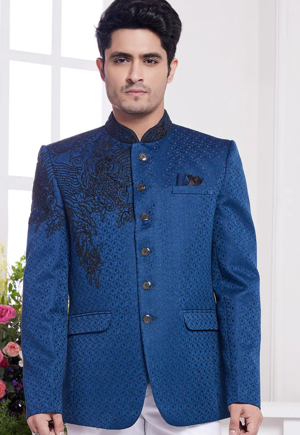 Hand Embroidered Art Silk Jacquard Jodhpuri Jacket in Blue