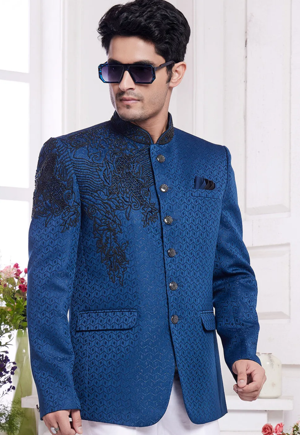 Hand Embroidered Art Silk Jacquard Jodhpuri Jacket in Blue