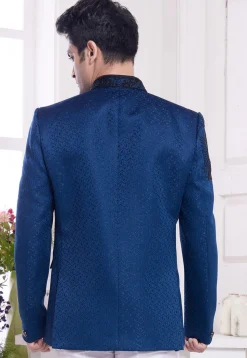 Hand Embroidered Art Silk Jacquard Jodhpuri Jacket in Blue