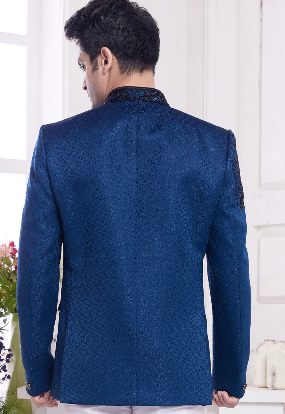 Hand Embroidered Art Silk Jacquard Jodhpuri Jacket in Blue