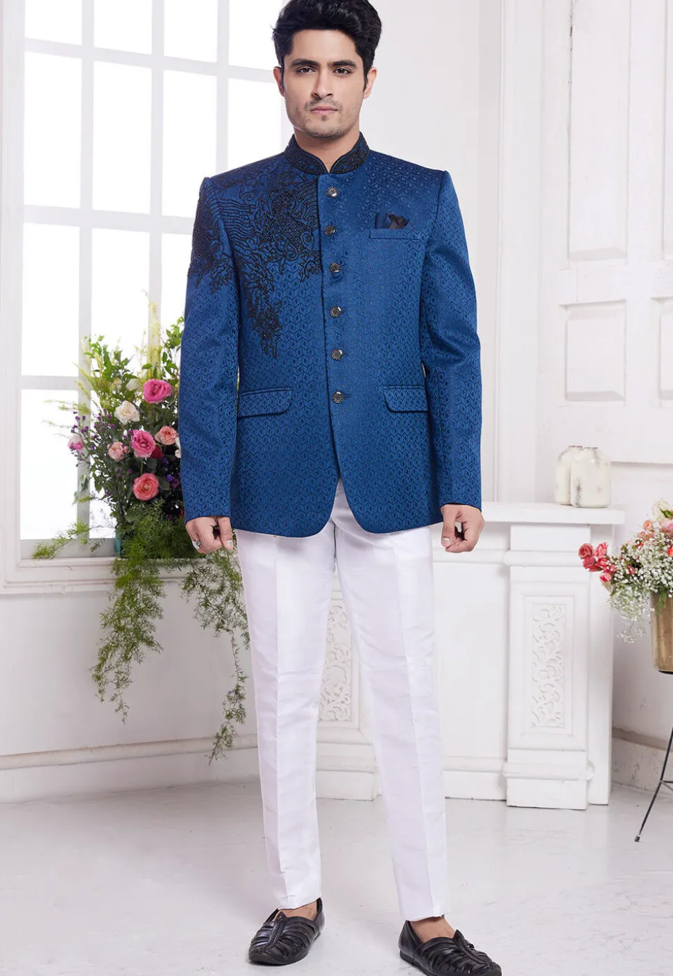 Hand Embroidered Art Silk Jacquard Jodhpuri Jacket in Blue