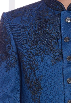 Hand Embroidered Art Silk Jacquard Jodhpuri Jacket in Blue