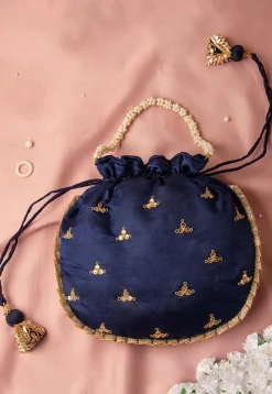 Hand Embroidered Art Silk Potli Bag in Navy Blue