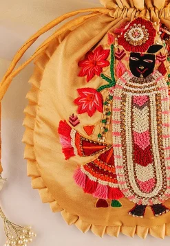 Hand Embroidered Art Silk Potli Bag in Beige