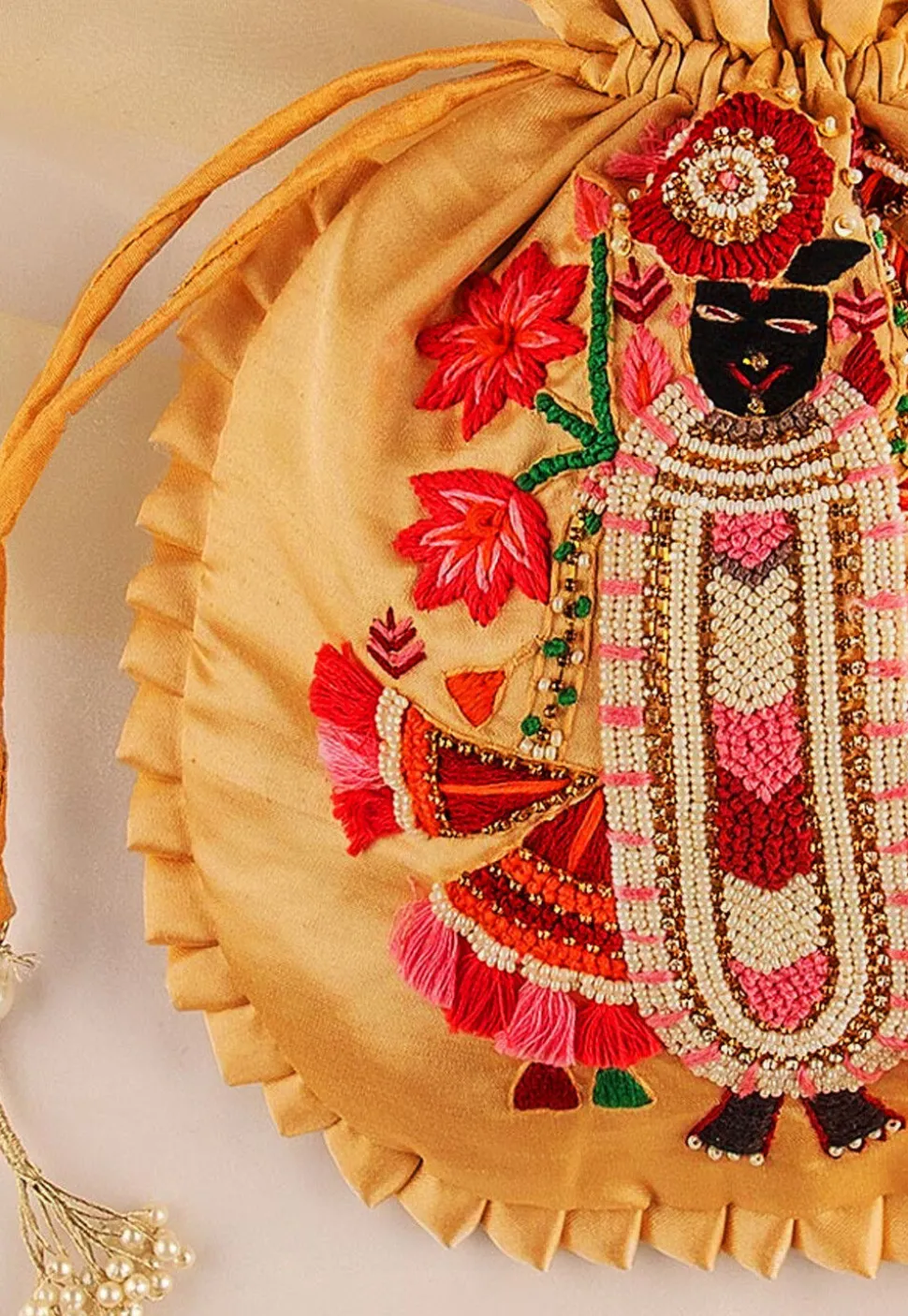 Hand Embroidered Art Silk Potli Bag in Beige