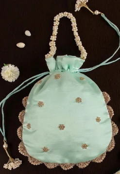 Hand Embroidered Art Silk Potli Bag in Sea Green
