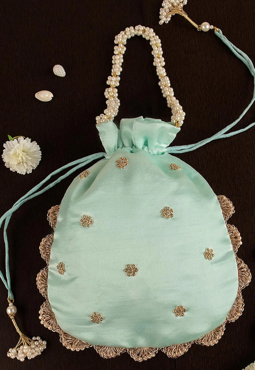 Hand Embroidered Art Silk Potli Bag in Sea Green