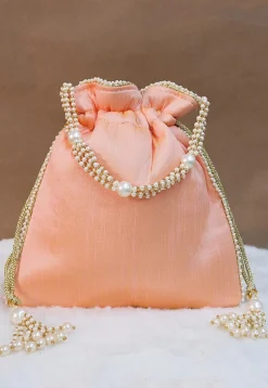 Hand Embroidered Art Silk Potli Bag in Peach