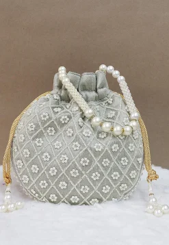 Hand Embroidered Art Silk Potli Bag in Grey