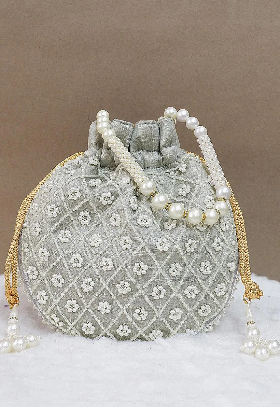 Hand Embroidered Art Silk Potli Bag in Grey