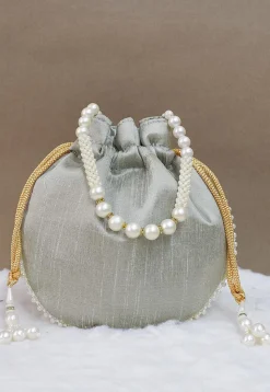 Hand Embroidered Art Silk Potli Bag in Grey
