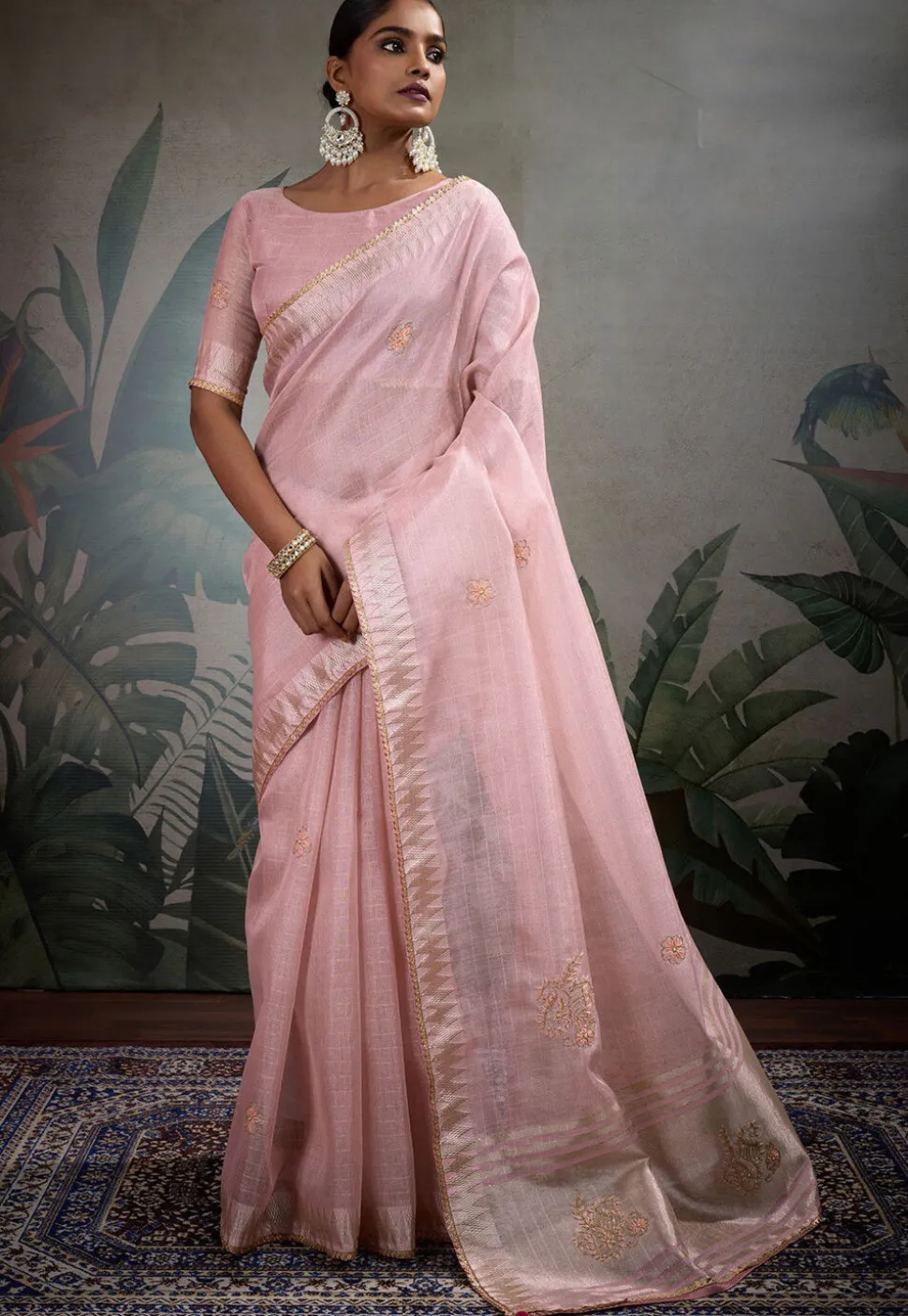 Hand Embroidered Art Silk Saree in Pink
