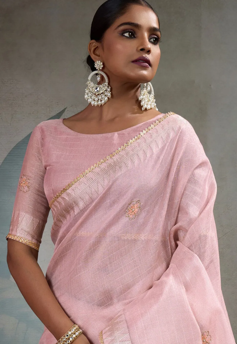 Hand Embroidered Art Silk Saree in Pink