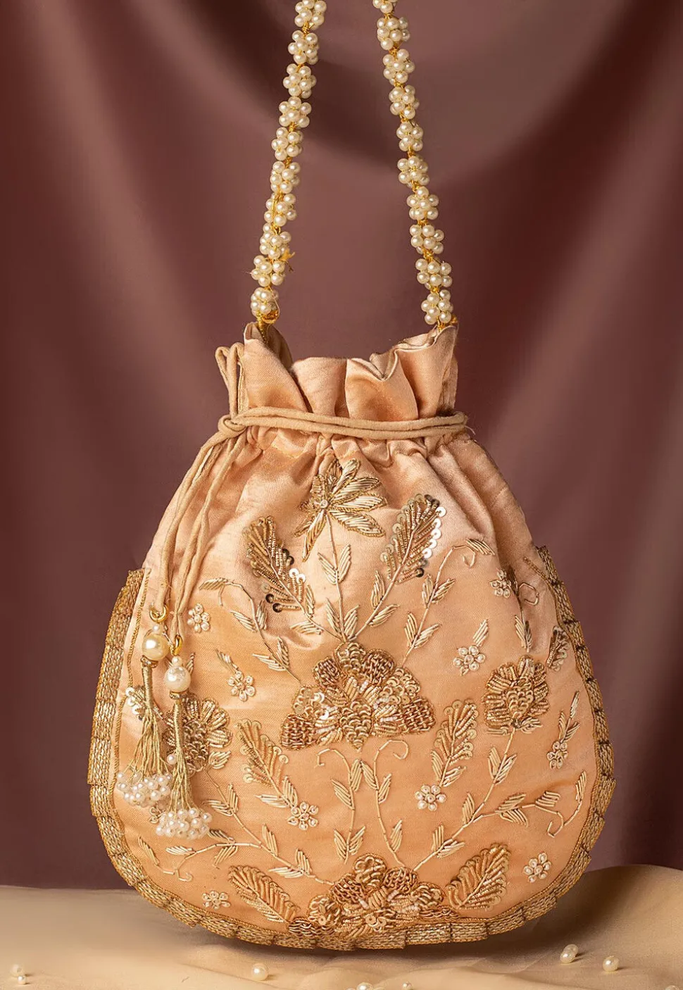Hand Embroidered Art Silk Potli Bag in Rose Gold