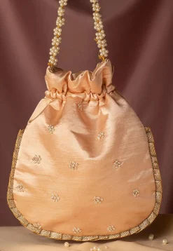 Hand Embroidered Art Silk Potli Bag in Rose Gold