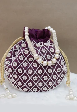 Hand Embroidered Art Silk Potli Bag in Wine