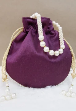 Hand Embroidered Art Silk Potli Bag in Wine