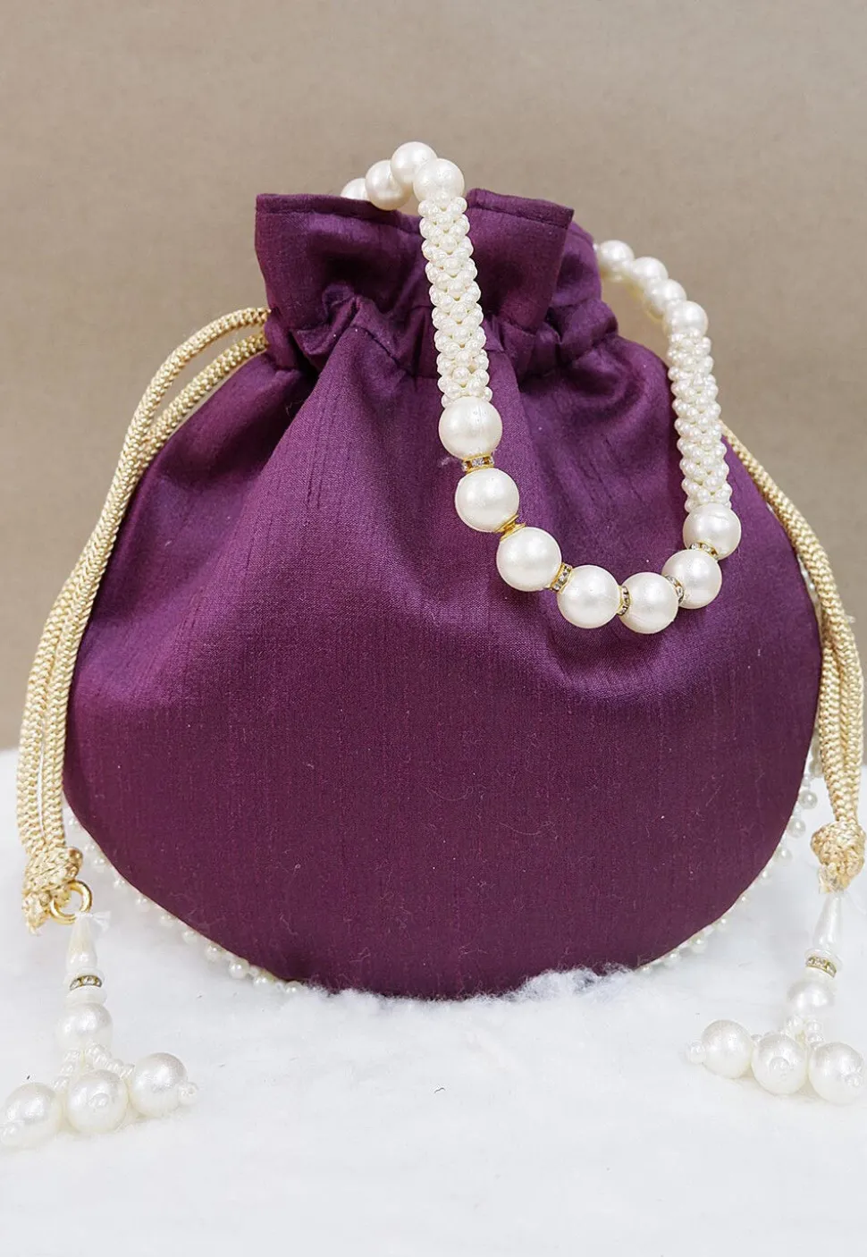 Hand Embroidered Art Silk Potli Bag in Wine