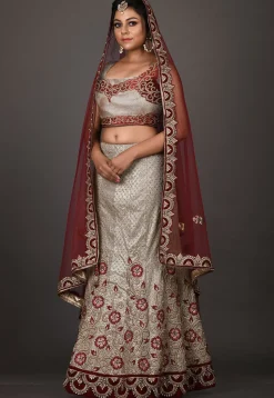 Hand Embroidered Art Silk Shimmer Lehenga in Beige