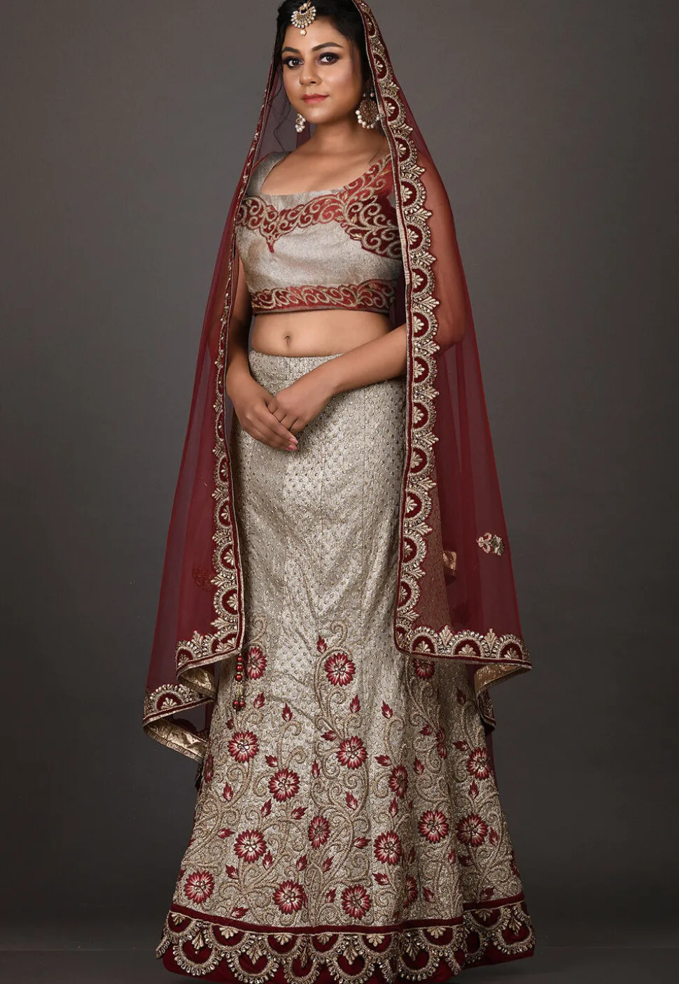 Hand Embroidered Art Silk Shimmer Lehenga in Beige