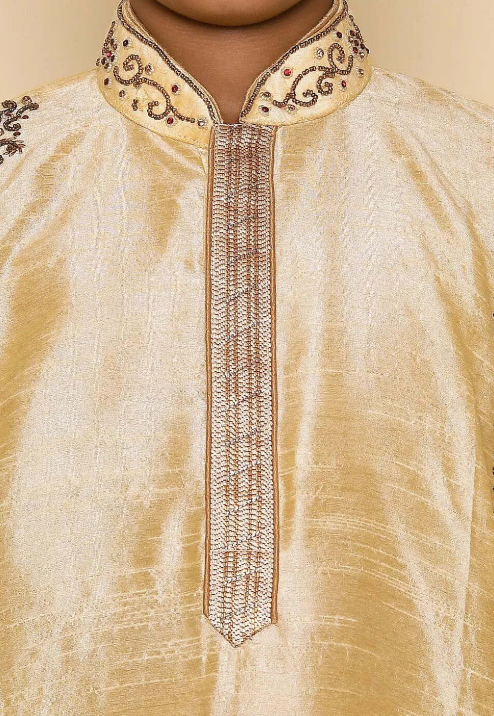 Hand Embroidered Art Silk Kurta Set in Light Beige